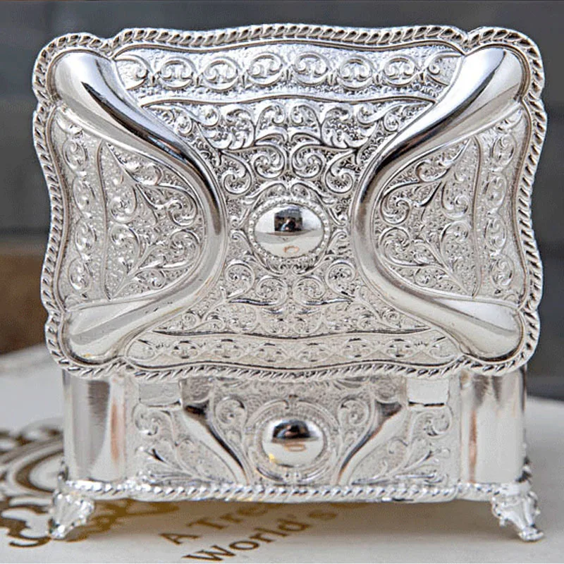 Retro Trinket Box Treasure Jewelry Box Antique zinc alloy silver color square small Rectangle Box Case for Girl Women