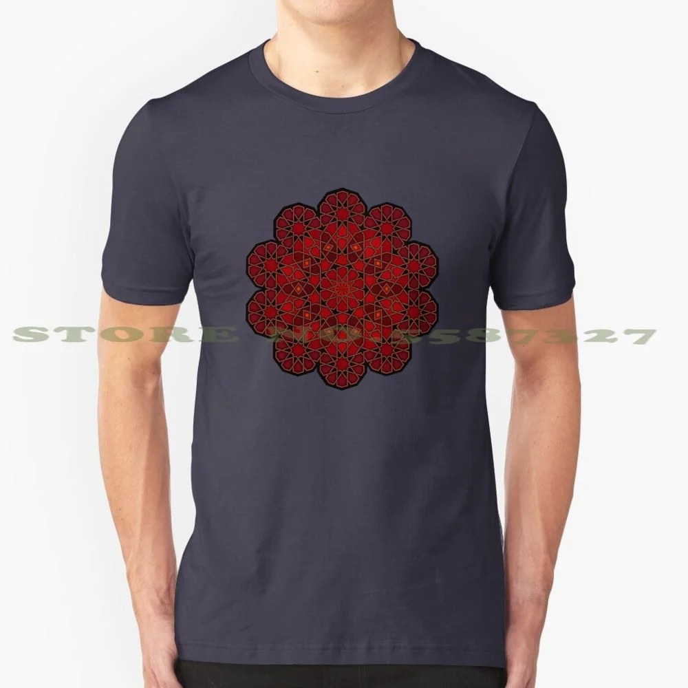 Tenfold Rosettes In Red 100% Cotton T-Shirt Islam Islamic Muslim Geometry Sacred Mandala Morocco Moroccan