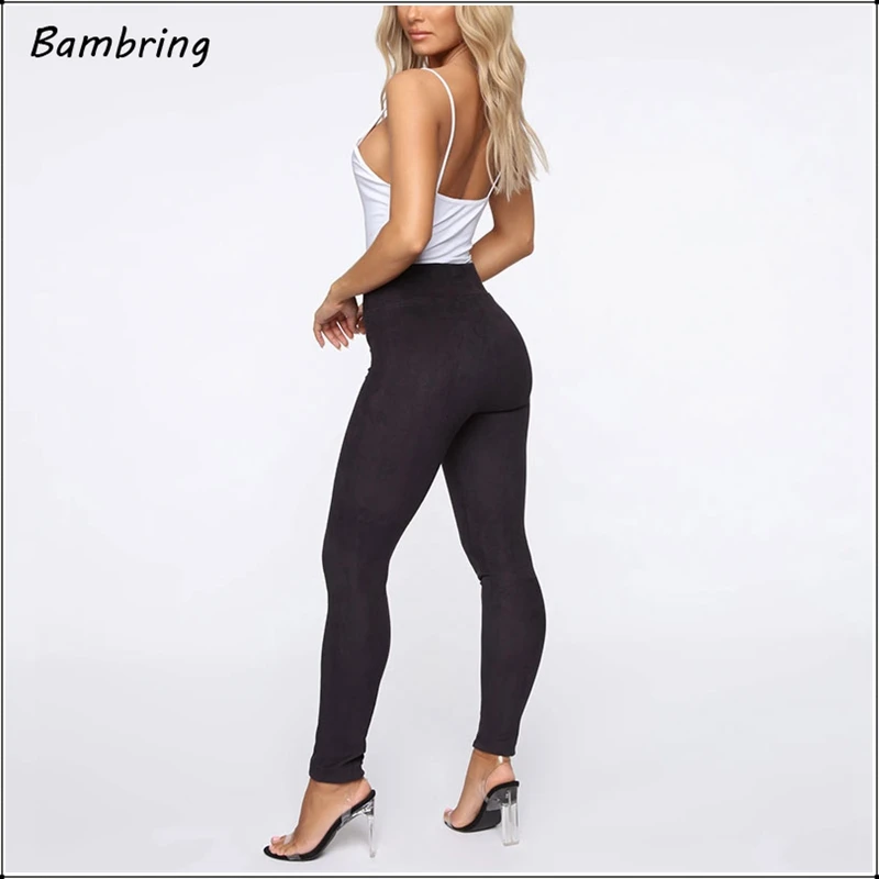 Black Casual Faux Suede Leather Trousers Winter Women Seamless Fitness Leggings Office Lady Autumn Sexy High Waist Pants Custom