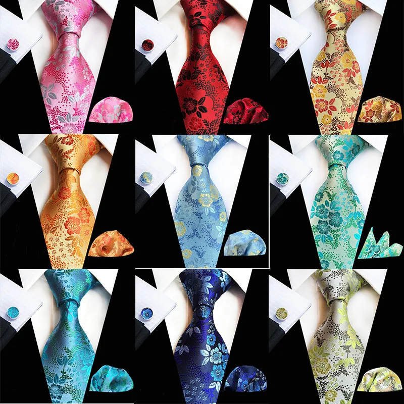 GUSLESON Classic Men Tie Floral 100% Silk Jacquard Necktie Gravata Corbatas Hanky Cufflinks Tie Set for Men Formal Wedding Par