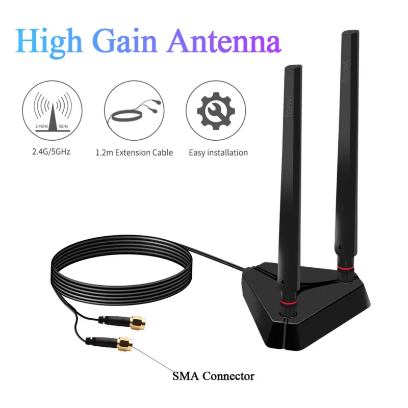 Dual Band 2.4G/5Ghz Powerful 2 High Gain 360 Degree SMA Omnidirectional 1.2M Extension Base Antenna for Wireless Router/Adapter