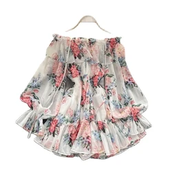 New Summer Beach Vacation Ladies Sexy Strapless Lantern Sleeve Sweet Floral Jumpsuit Short Chiffon Print Dress Pants Trend