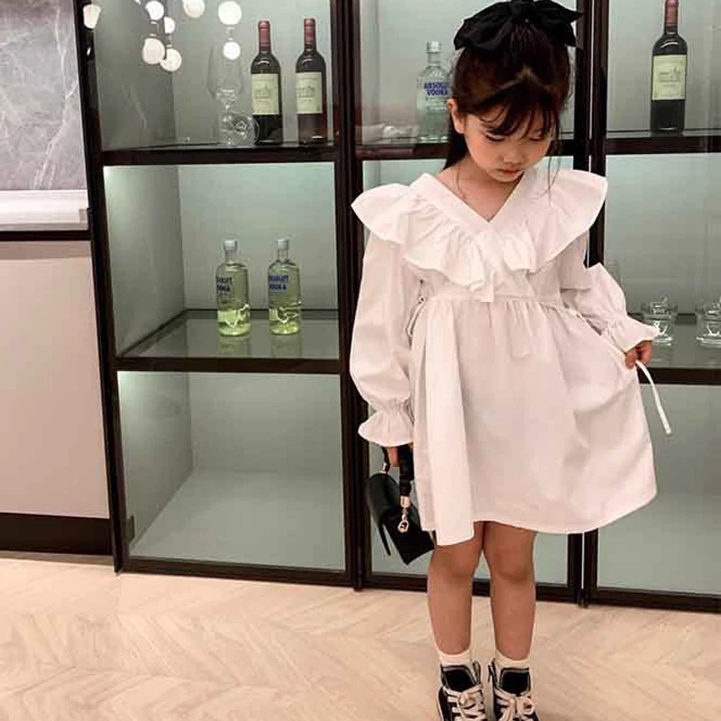 Spring Autumn Girls' Dress Temperament Costumes Pure Color Stitching Long-Sleeved Princess Dress Baby Kids Children'S Clothing