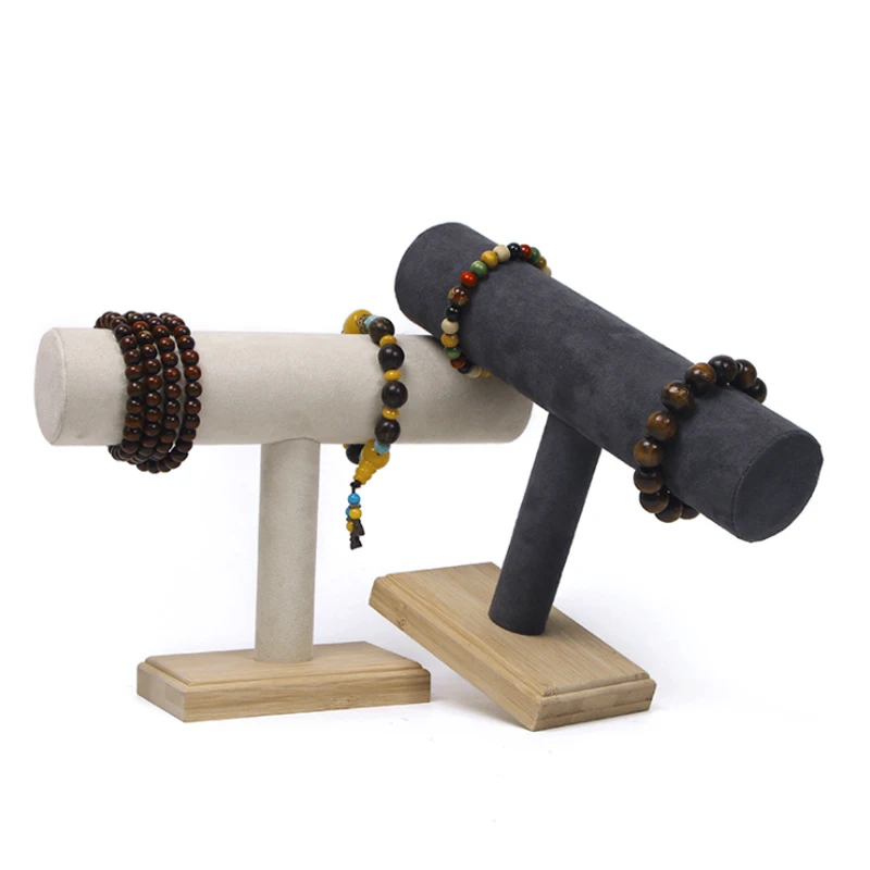 New Bamboo Velvet T-Bar Rack Bracelets Watches Bangles Necklace Jewelry Display Holder Stand Velvet Jewelry Organizer Wholesale