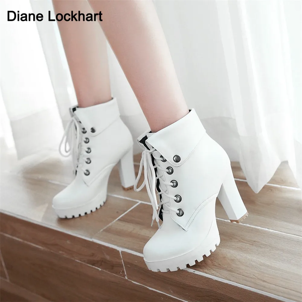 2024 Winter New High-Heeled Coarse Heel Platform Ankle Boots Frenulum Waterproof Thick Bottom White Women Ankle Boties Zapatos