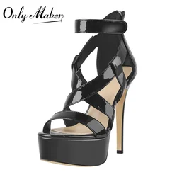 Onlymaker Women Platform Sandals Black Patent Leather Cross Band Cover Heel Hook Loop Thin High Heels Shoe Zipper Concise Heels