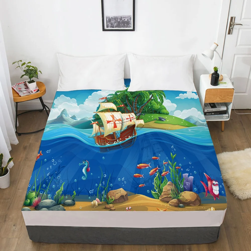 1 PCS 3D Printed Cartoon Sailboat Soft Fitted sheet With Elastic Band solid Bed Sheet Cover-Wrinkle Abrasion Resistant Sheets