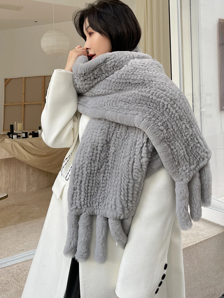 Women's Real Rex Rabbit Fur Scarf with Tassel Winter Warm Knitted Cape Long Wraps for Female