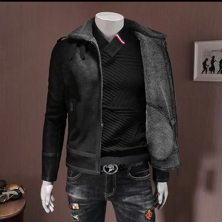 

2022 Autumn Winter Men Fashion Bomber Shearling Aviator Leather Jacket Vintage Biker Motorcycle Leather Jackets Warm Coats E490