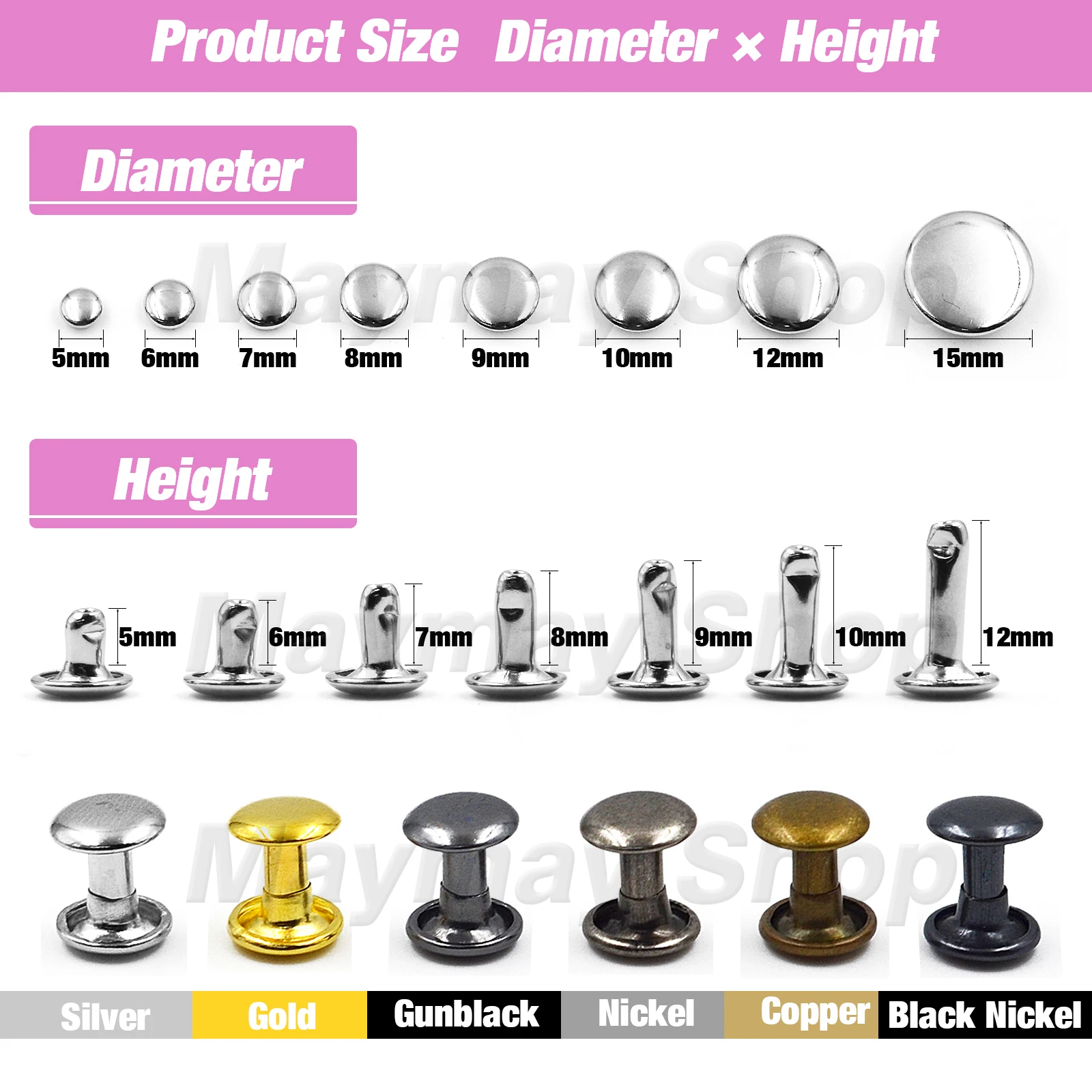 100Pcs 5-15mm Double Cap Rivets Metal Round Stud Nail Rivet For Repair Shoes Bag Belt Clothing Garment Leathercraft Accessories