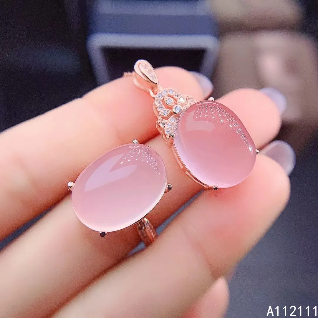 

Fine Jewelry 925 Pure Silver Inset With Natural Large Gem Women's Luxury Fashion Plant Rose Quartz Pendant Ring Set Support Dete