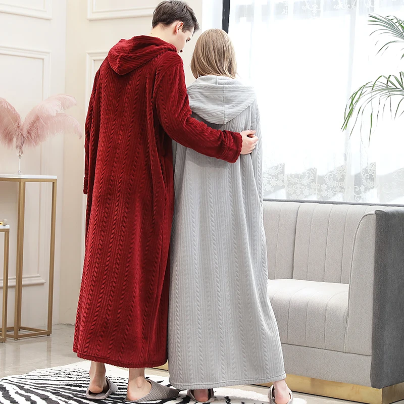 Women Winter Hooded Plus Size Long Warm Flannel Dressing Gown Pregnant Zipper Bathrobe Lovers Cozy Bath Robe Men Night Sleepwear