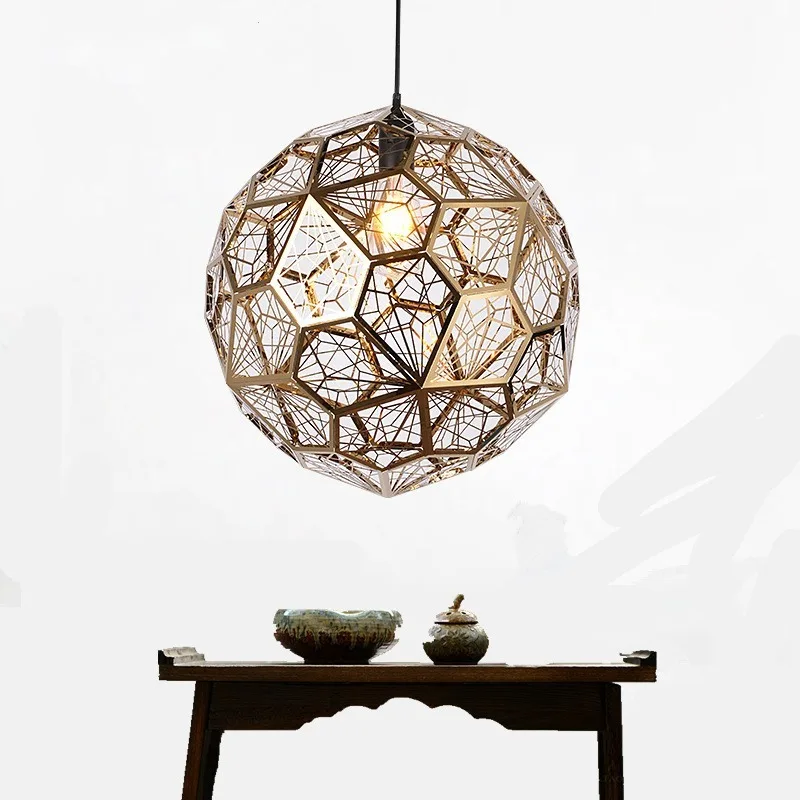 

Modern Etch Web Pendant Lights Round Art Diamond Ball Stainless Steel Dining Room Bedroom Desktop Hanging Lamps Fixture WF1016