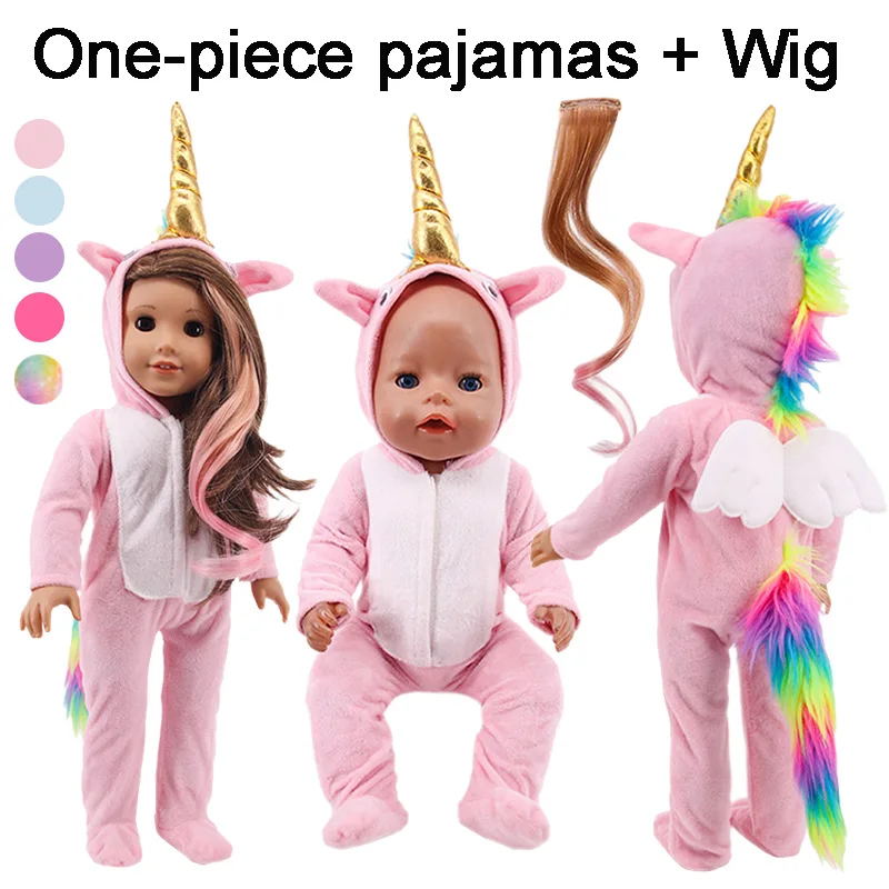 Unicorn One-piece Pajamas+Wig/DressFor 18Inch American&17Inch 43cm Born Baby Doll Clothes Accessories Generation Russian DIY Toy