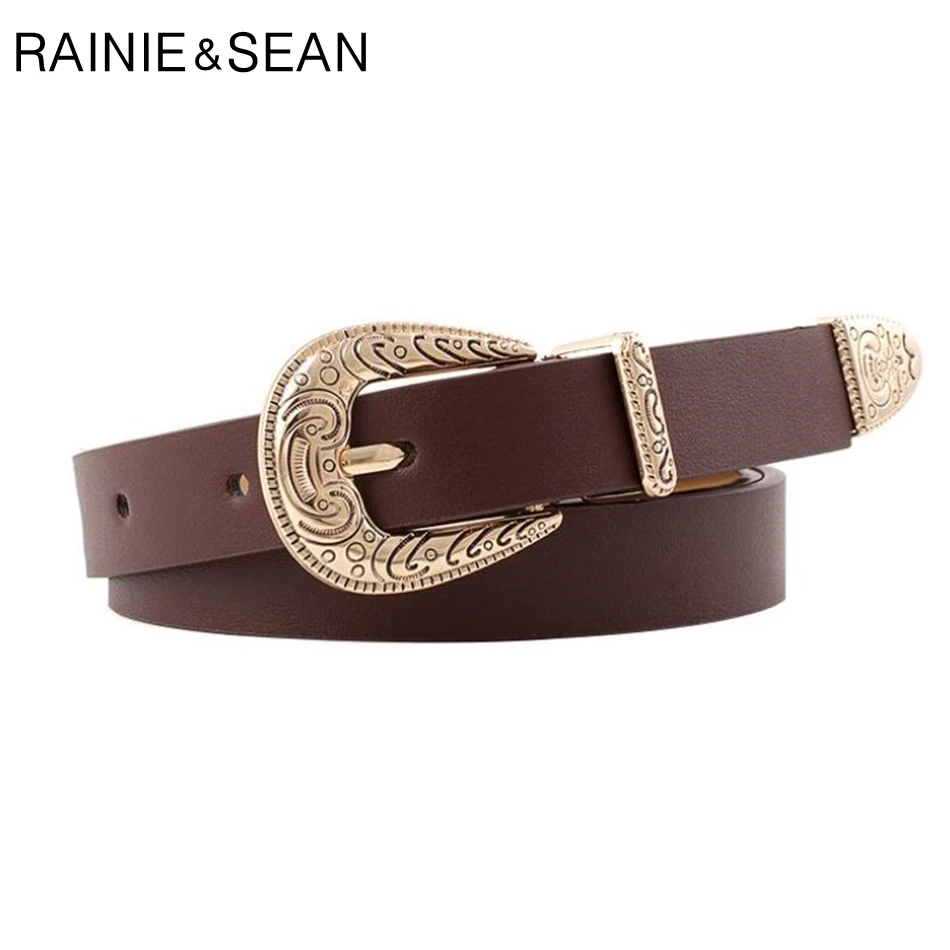 RAINIE SEAN Leather Belts For Women Red Pu Leather Women Belt Pu Leather Vintage Engrave Brand Ladies Leather Belts For Jeans