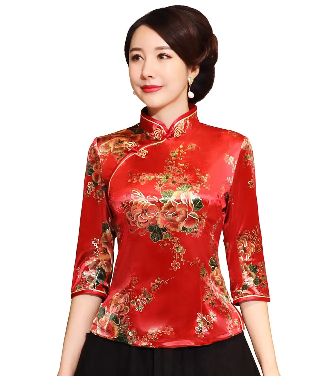 Shanghai Story Chinese Button Woman\'s Shirt chinese traditional top 3/4 Sleeve cheongsam top Velvet traditional Chinese blouse