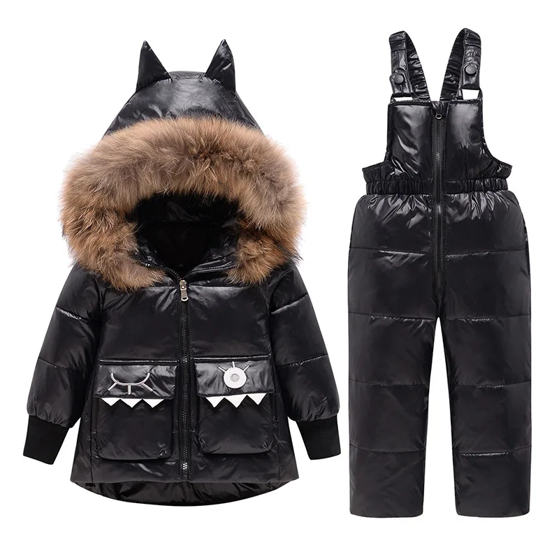 New Winter Childrens Clothing Sets Warm Baby Boy Ski Suits Snowsuits Real Fur Girl\'s Down Jackets Outerwear Coat+suspender jumps