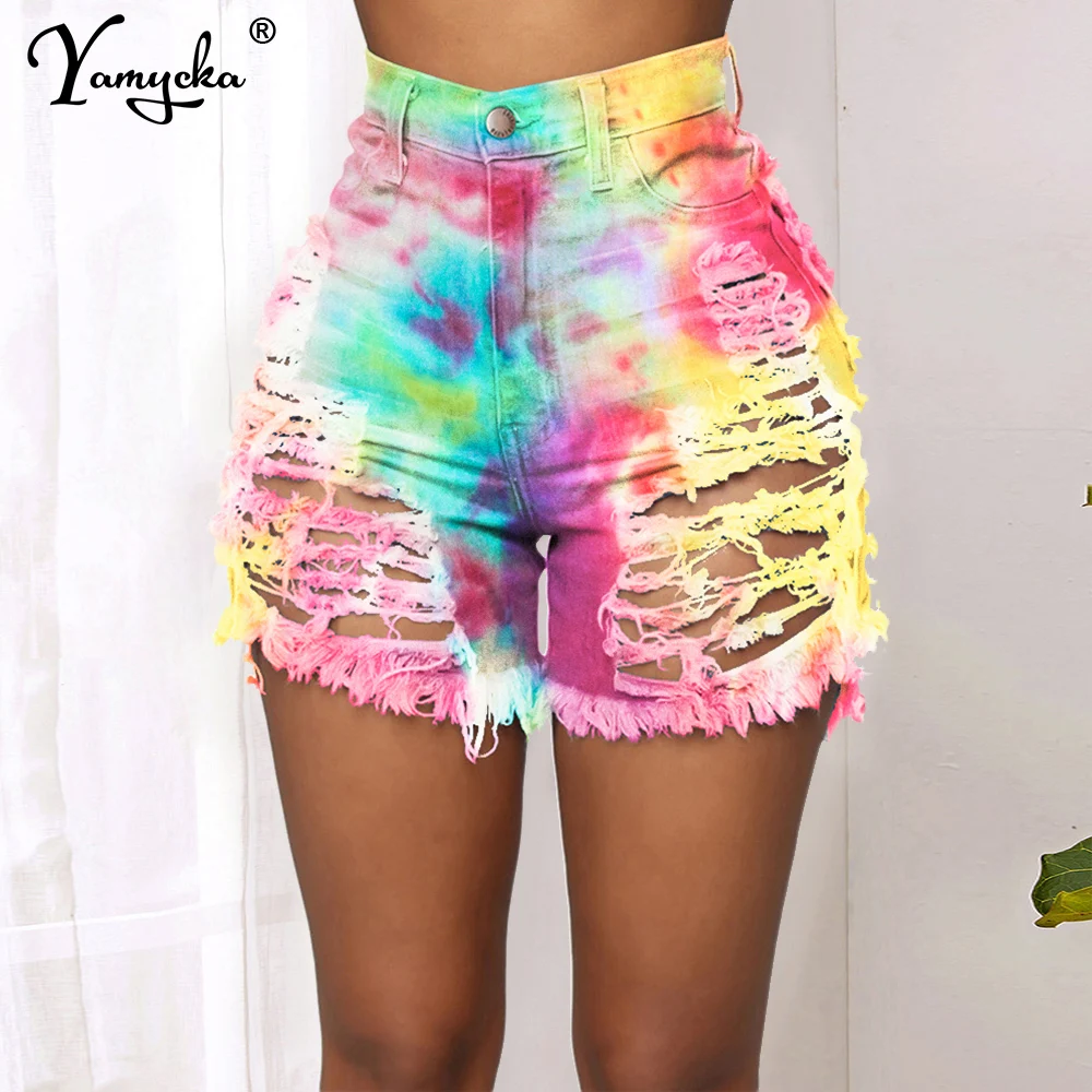 Sexy Tie Dye Print Gat Korte Jeans Vrouwen Zomer Hoge Taille Mode Casual Mini Denim Shorts Vrouw Jeans Korte Hot Jean Broek