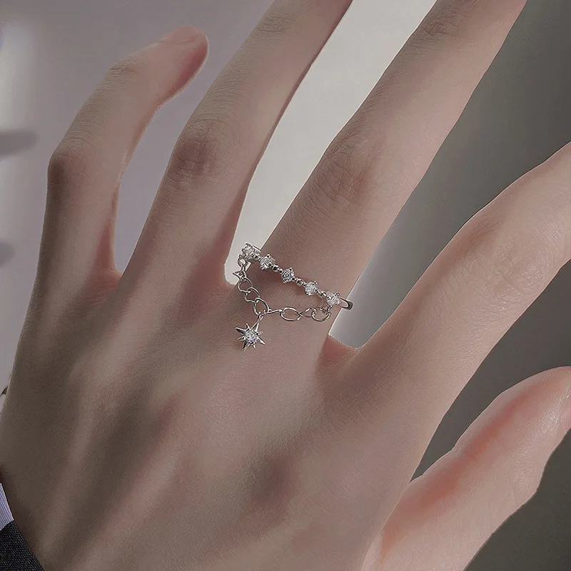 CIAXY Silver Color Double-layer Chain Rings for Women Charming Zircon Star Open Ring Luxury Jewelry Anillos Mujer