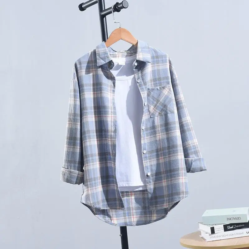 Blouse Women Shirt Spring Summer Plaid Women\'s Long Sleeve Loose Top Shirt Coat Blusas Mujer De Moda