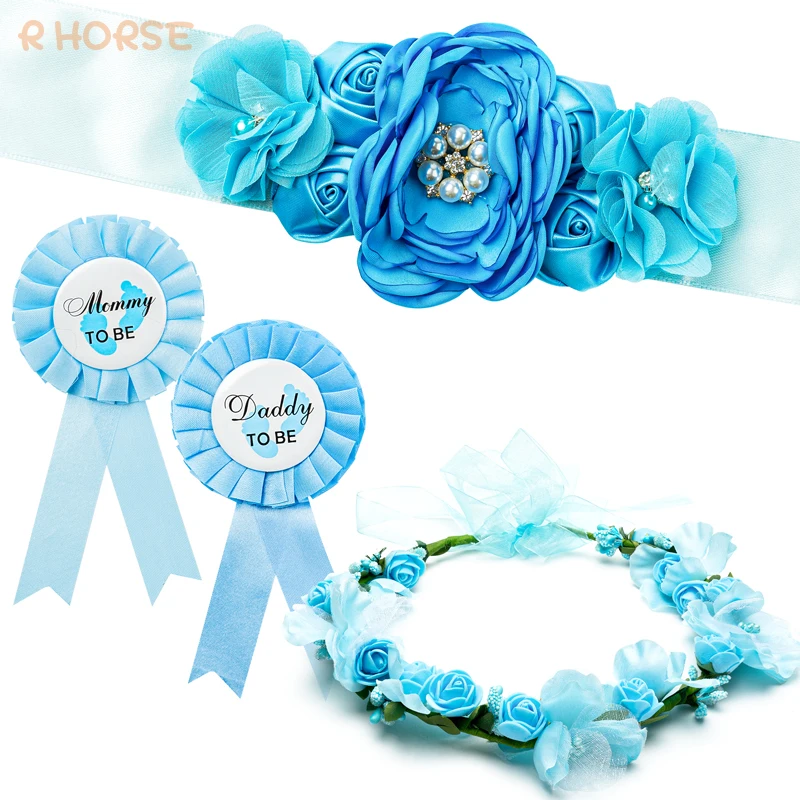 

4Pcs Blue Maternity Sash Set Rose Belt Mommy to Be Daddy to Be Corsage Adjustable Size Headdress Baby Shower Party Decoration