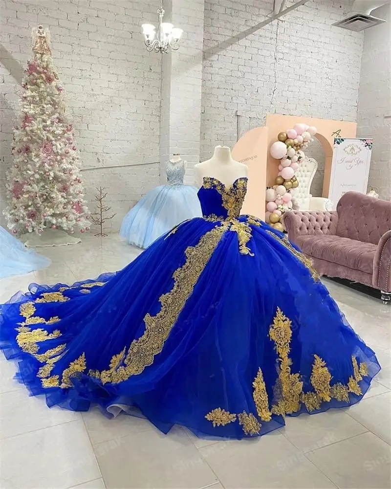 Royal Blue Gold ลูกไม้ Vestidos De Novia Quinceanera Sweetheart Lace-Up ยาวรถไฟ Gowns ผู้หญิง Plus ขนาดพรหมชุด