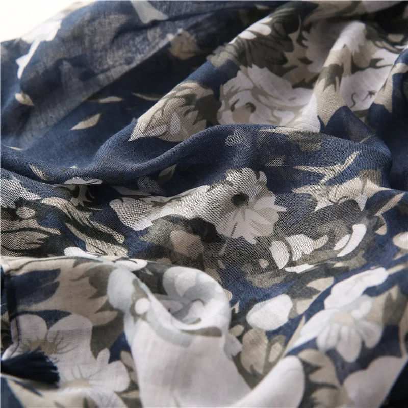 Women Autumn Navy Blue Abstract Floral Viscose Shawl Scarf High Quality Print Wrap Pashmina Snood Bufandas Muslim Hijab 180*90cm