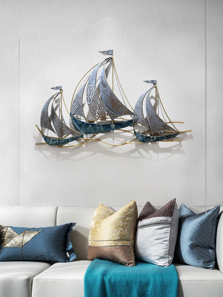 

Modern Creative Wrought Iron Sailboat Wall Mural Hotel Wall Hanging Crafts Home Livingroom Background 3D Wall Sticker Decoration