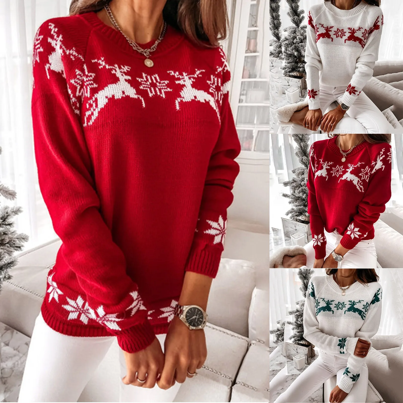 Christmas Sweater Women Christmas Deer Warm Knitted Long Sleeve Sweater Jumper Top Winter Autumn Pullovers Loose Size Hot Sale