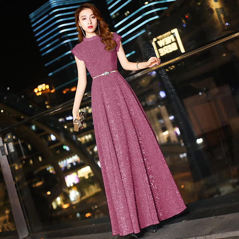 Luxury Sequins Young Lady Pleated Dress Cheongsam Round Neck With Lace Evening Party Gown Sexy Novelty Vestidos Prom Dresses