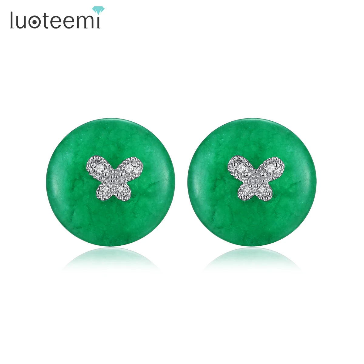 LUOTEEMI New Elegant Design Attractive Green Stones Round Stud Earring for Women Wedding Party Versatile Korean Jewelry for Girl