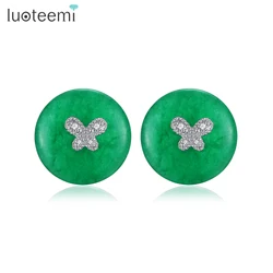 LUOTEEMI New Elegant Design Attractive Green Stones Round Stud Earring for Women Wedding Party Versatile Korean Jewelry for Girl