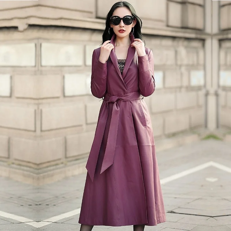 Quality High Sheepskin Windbreaker Female Long Coat Elegant Slim Fit Genuine Leather Jacket Autumn Winter Lady Purple Outerwear