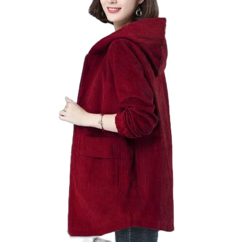 

Corduroy Hooded Jacket Women Mid-Long Spring 2022 Autrumn Korean Middle Aged Mother Windbreaker Loose Wild Coat 492