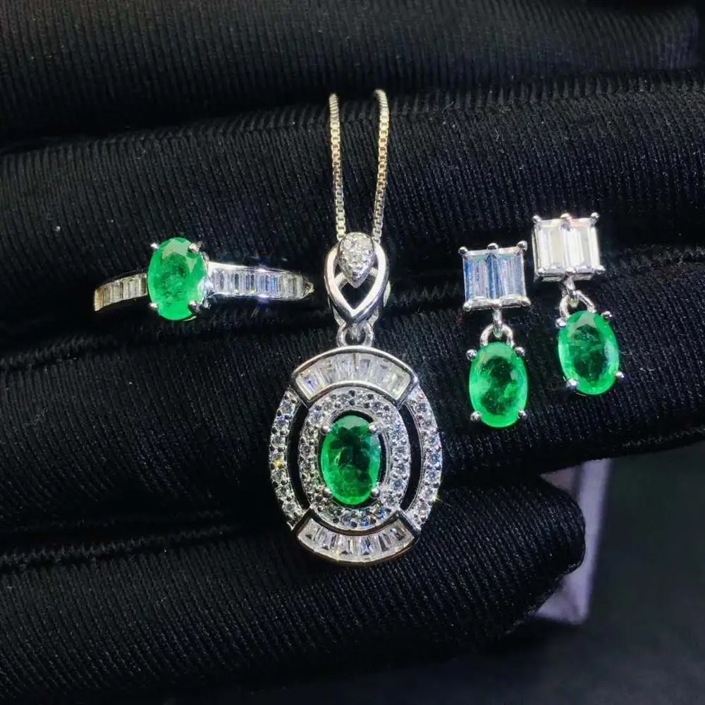 

Real Natural Emerald jewelry set Natural Real Emerald 925 sterling silver 1pc pendant,1pc ring,2pcs Earring