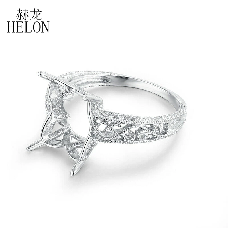 HELON Sterling Silver 925 Women Vintage Trendy Fine Jewelry Cushion & Emerald 10X8mm Semi Mount Wedding Engagement Ring