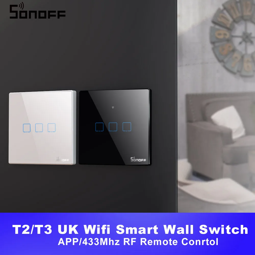 

Itead SONOFF TX T2/T3 UK Smart Wifi Wall Touch Light Switch 1/2/3 Gang Smart Home 433 RF/Voice/APP/Touch Control Work With Alexa