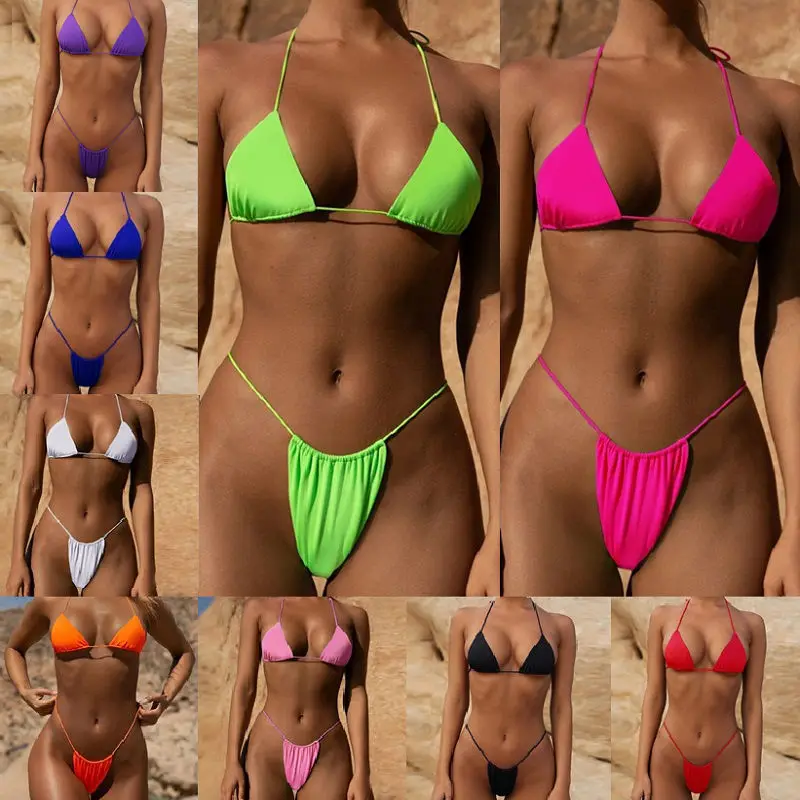 

Sexy Women Bikini Sets 9 Color Solid Swimwear Bathing Suits 2 Piece Split Push Up Bandage Beachwear Mujer Thong