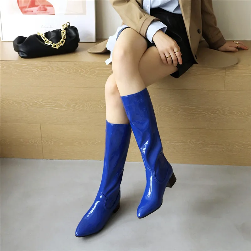 YMECHIC Plus Size 34-43 Concise Patent Leather Mid-calf Boots for Women Shoes Blue Yellow Black Red Green Winter 2021 Long Botas