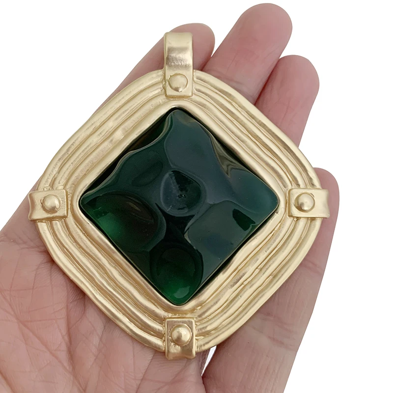 2 x Matt Gold Color Large Geometry Square & Green Resin Stone Charms Pendants for Necklace Jewelry Making 74x68mm