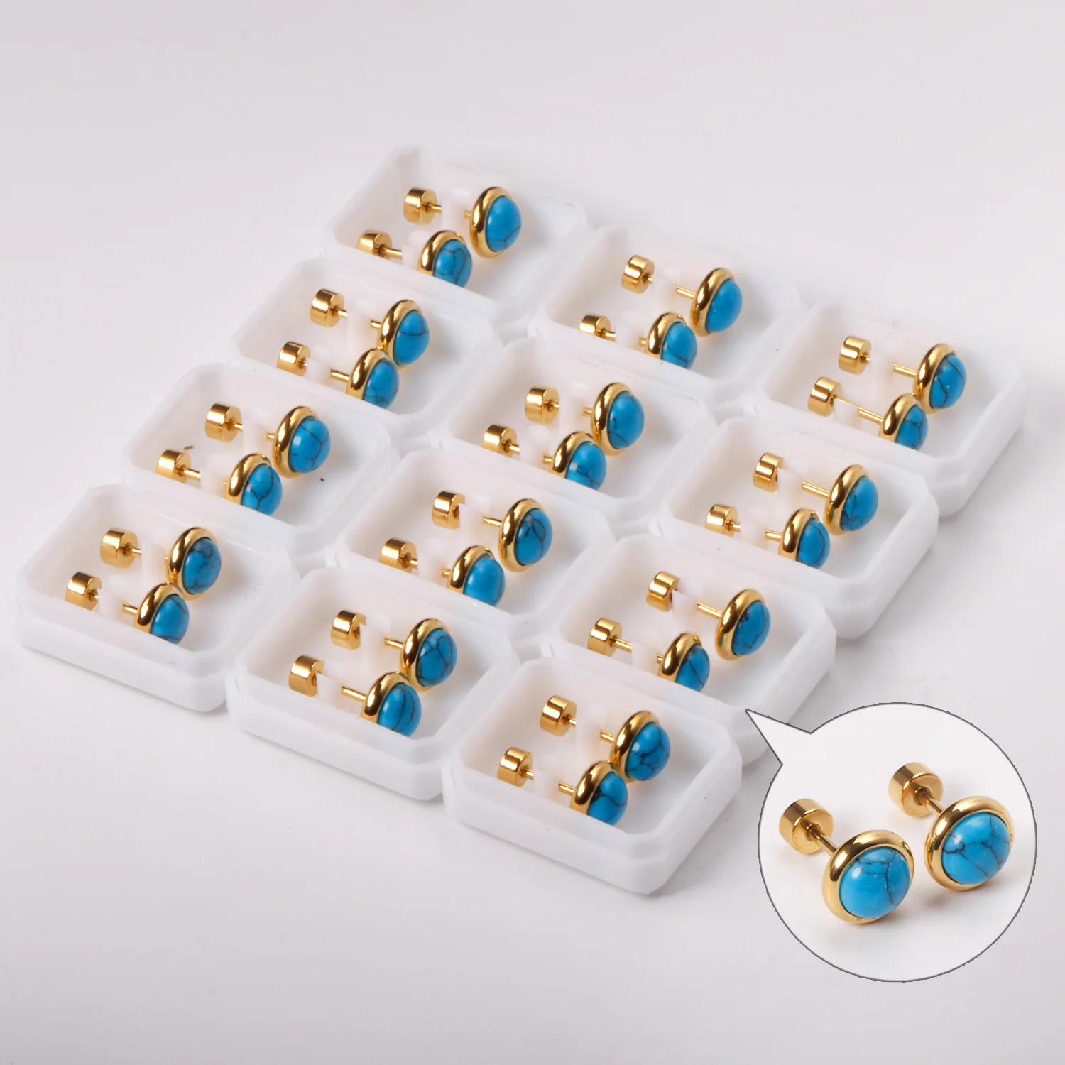 12 Pairs 316L Stainless Steel Round Blue Stone Stud Earrings Gold/Silver Color for Women Girl Fashion Jewelry Accessories