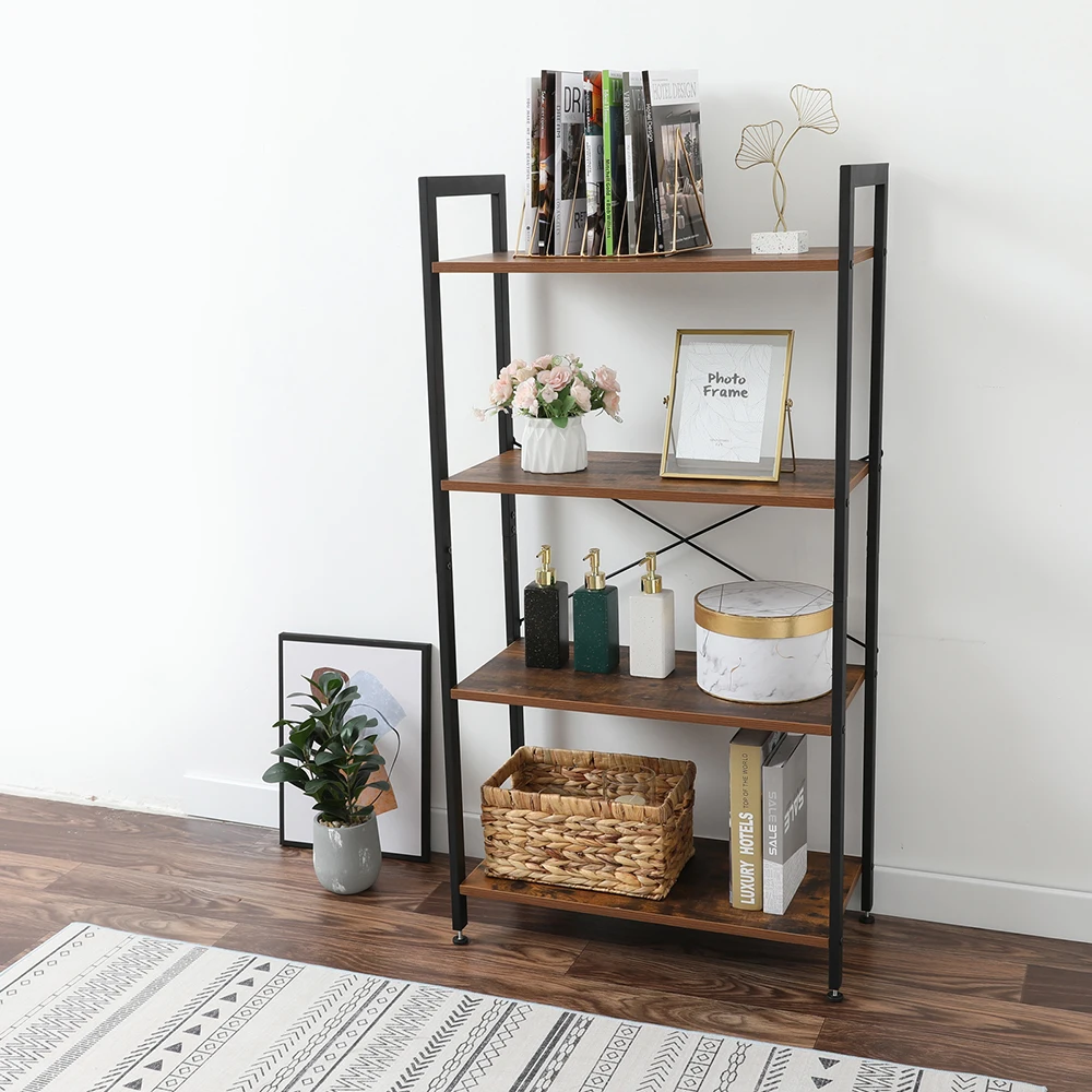 US Warehouse Bookshelf 4-Tier Bookcase for Living Room Standing Unit Shelf  Stable Steel Frame Bedroom Office Industrial Design