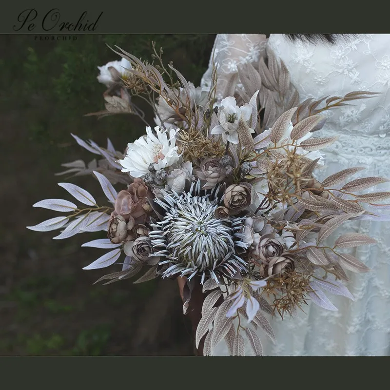 Buquê de flores de orquídea peônia, rosa, noiva, artificial, ramo de futura esposa, vintage, rústico, feito à mão, luxuoso, buquê de casamento