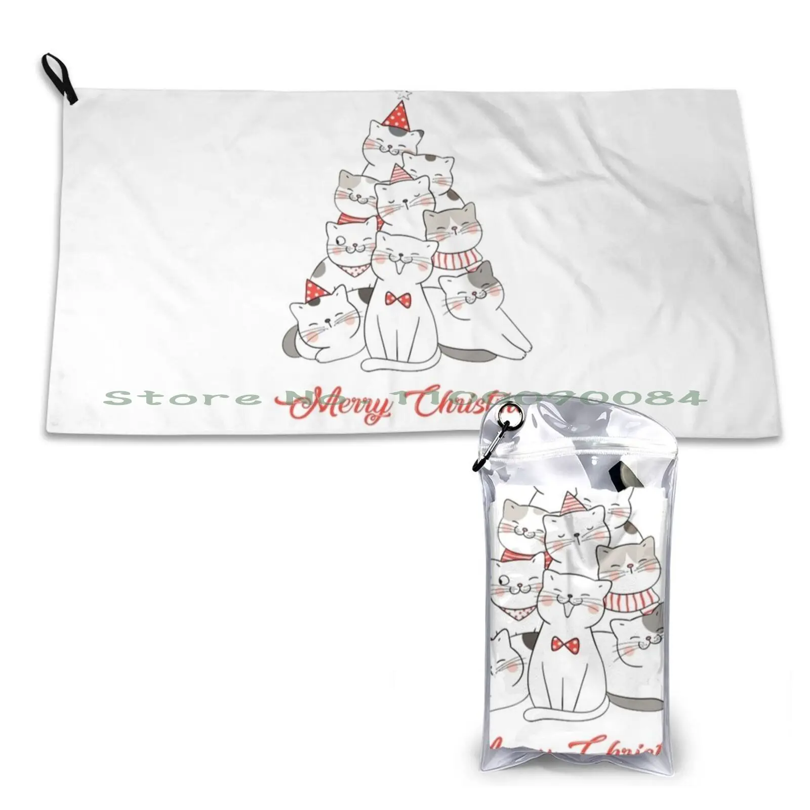 Cute Cat Xmas Tree Meowy Quick Dry Towel Gym Sports Bath Portable Retro Mid Century Modern Vintage Style Fifties 1950s Cadet