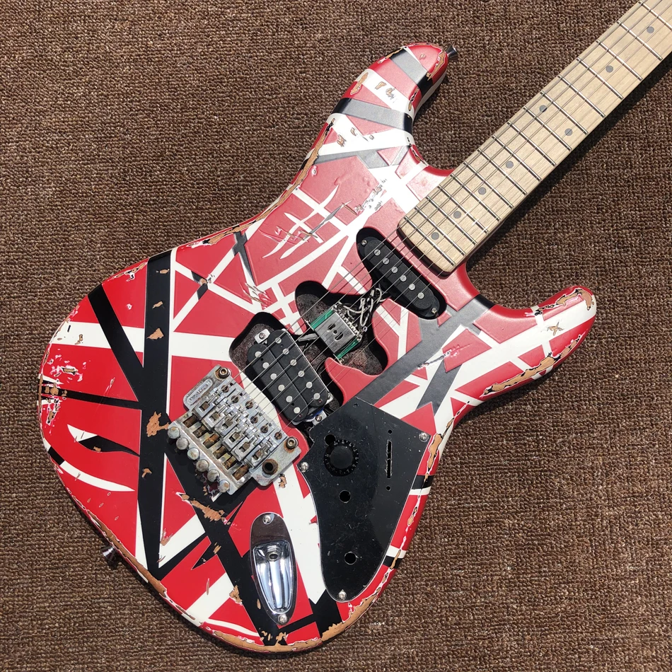 Eddie guitar/Heavy Aged/Black white red stripe/Franken Red Electric Guitar/Frankenstrat Free Shipping