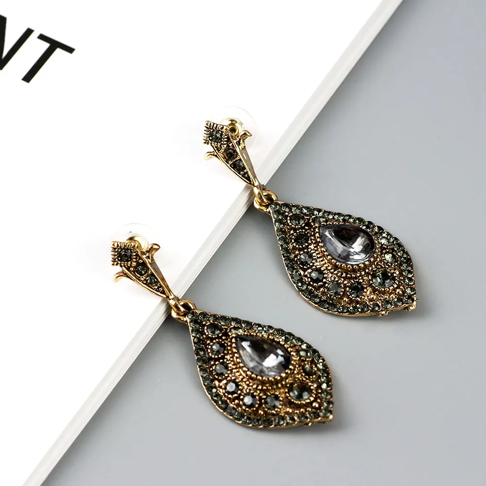 Sunspicems Turkish Gray Crystal Drop Earrings For Women Antique Gold Color Bohemia Ethnic Wedding Jewelry Party Bijoux 2020