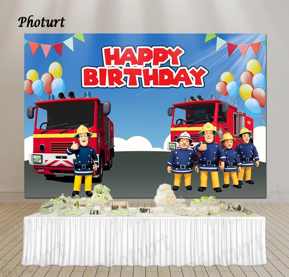 PHOTURT Fireman Sam Backdrop Kids Birthday Party Photography Banner Fire Truck Balloon Flag Vinyl Photo Background Props