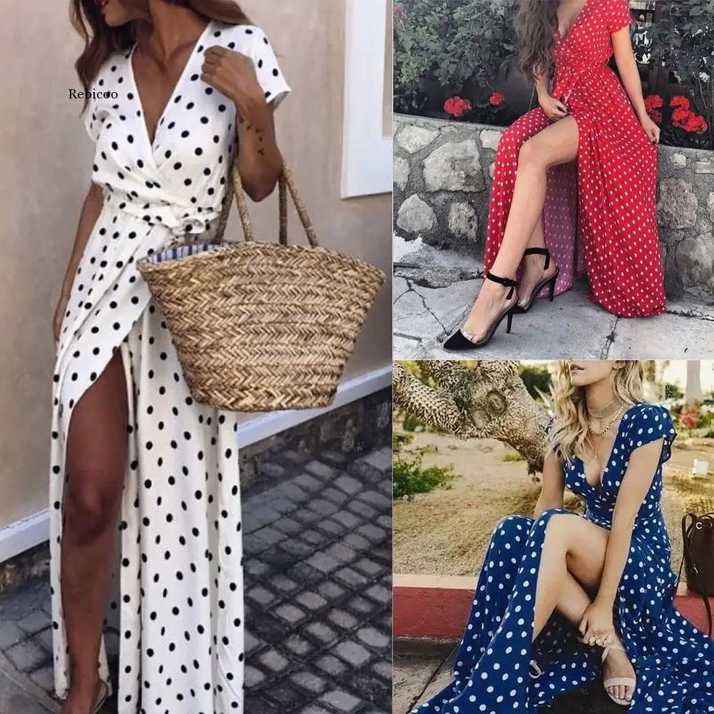 

Summer Women Beach Party Sexy Deep-V Polka Dot Slits Short Sleeve Maxi Dress