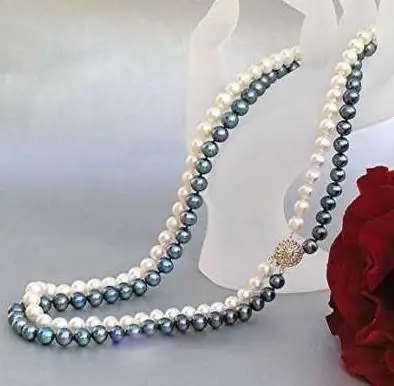 

New Arrival Favorite Pearl Necklace 2 Rows 7-8MM Black And White Natural Freshwater Pearl Necklace Charming Fine Jewelry