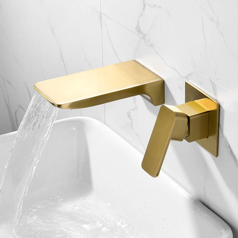 

Brushed Gold Bathroom Basin Faucet Solid Brass Wall Mounted Mixer Faucet Single Handle Crane Tap Chrome/Black